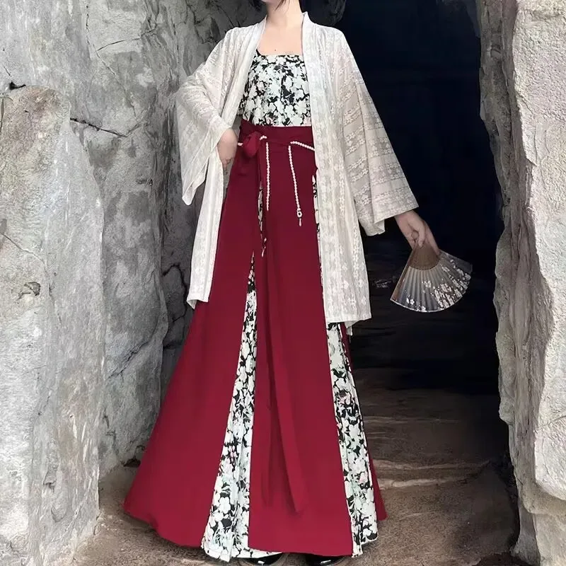 Hanfu زي المرأة الصينية خمر الأحمر والأسود سترة بروتيل تنورة Hanfu 3 قطعة الدعاوى تأثيري حلي حفلة الزي حجم كبير