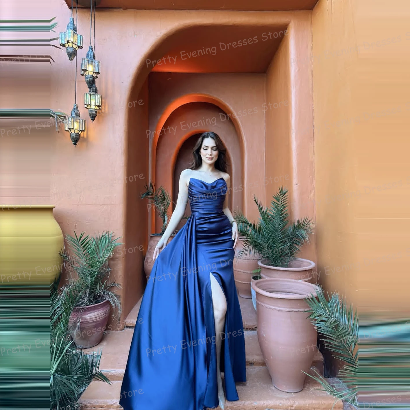 

Simple Blue Evening Dresses Woman's Sleeveless Boat Neck Split 2025 Prom Growns Party Vestidos Customized فساتين سهرة