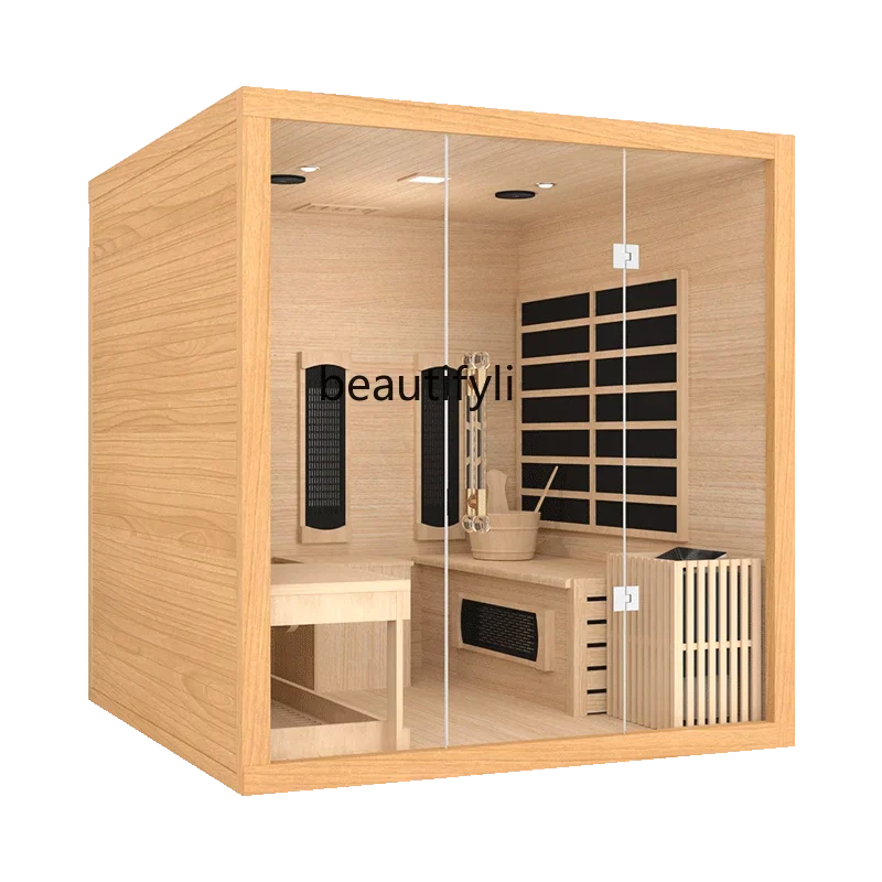 R Household solid wood steam room sauna steam room dual system dry steam far infrared volcanic stone dry and wet integration