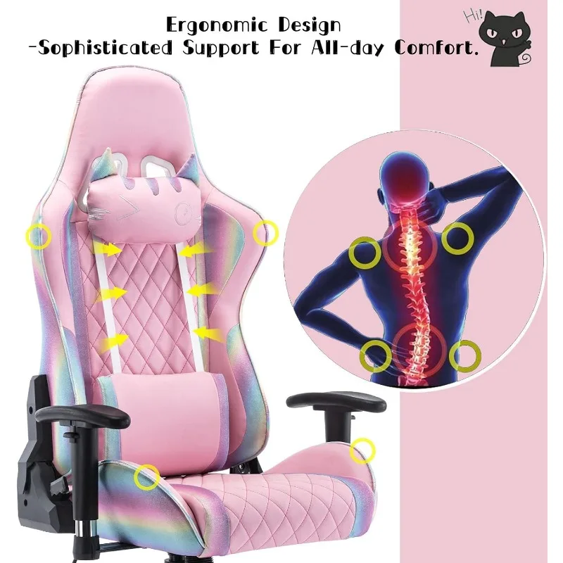 Sedia da gioco con poggiatesta per gatti carini e supporto lombare Sedia da scrivania ergonomica e confortevole per computer per adulti e bambini, arcobaleno