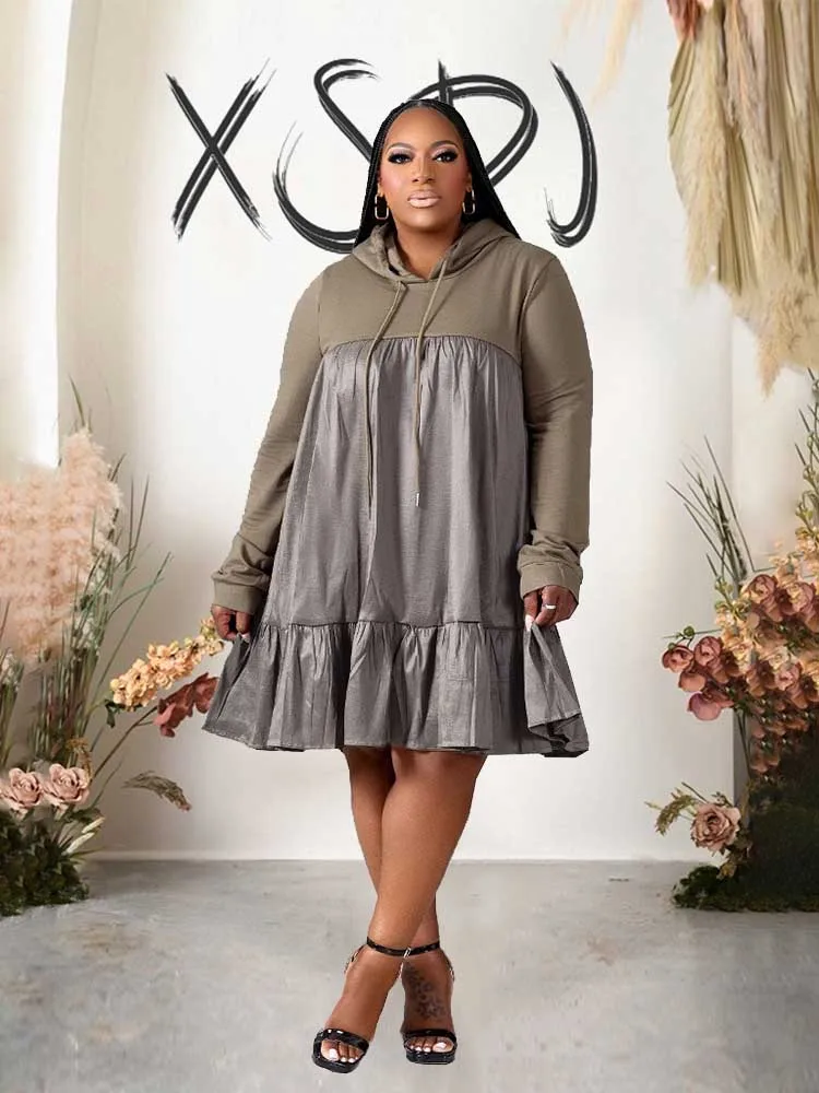 Women Plus Size Casual Autumn Dresses Patchworksweet  Preppy Hooded Dresses Knee Length Loose Waist Dress Wholesale Dropshipping