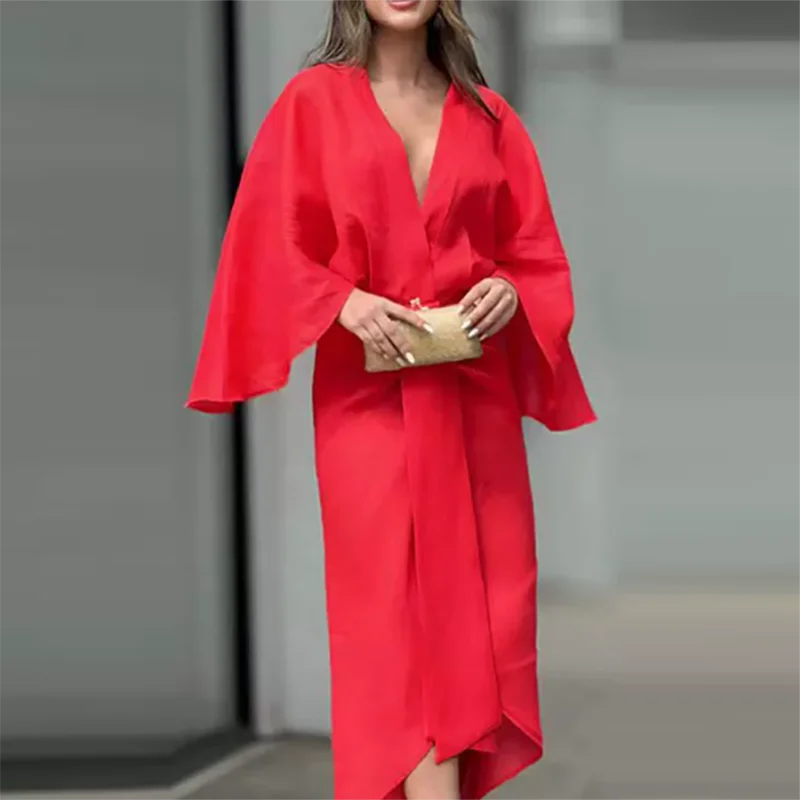 2025 Women Banquet V Neck Office Long Dress Summer Long Sleeve High Waist Party Dress Casual Solid Color Tie-up Female Dress