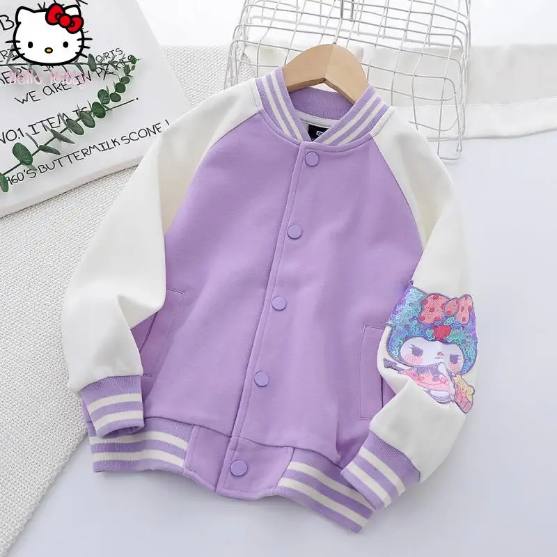 

Куртка для девочек в стиле аниме Hello Kitty, осенняя новинка, мультяшная бейсбольная форма, повседневный модный милый кардиган, мягкий топ