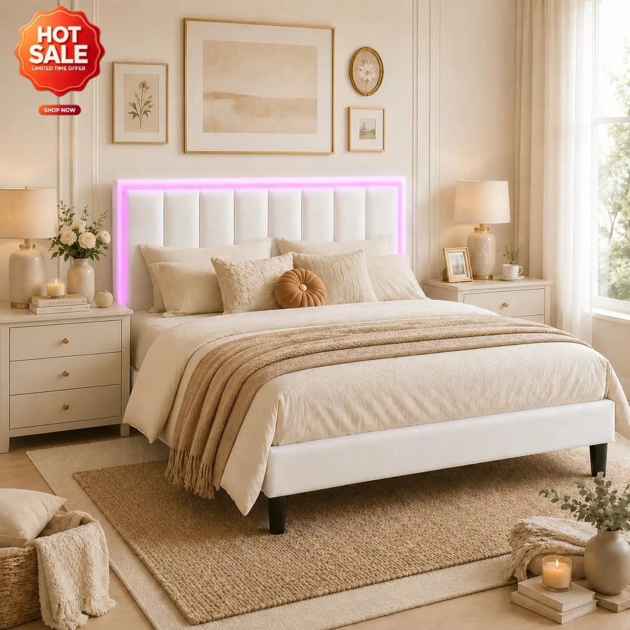 Full PU Leather Bed Frame with RGB LED Lights, White | Padded PU headboard, metal and wood slat support, quiet padding, no box s