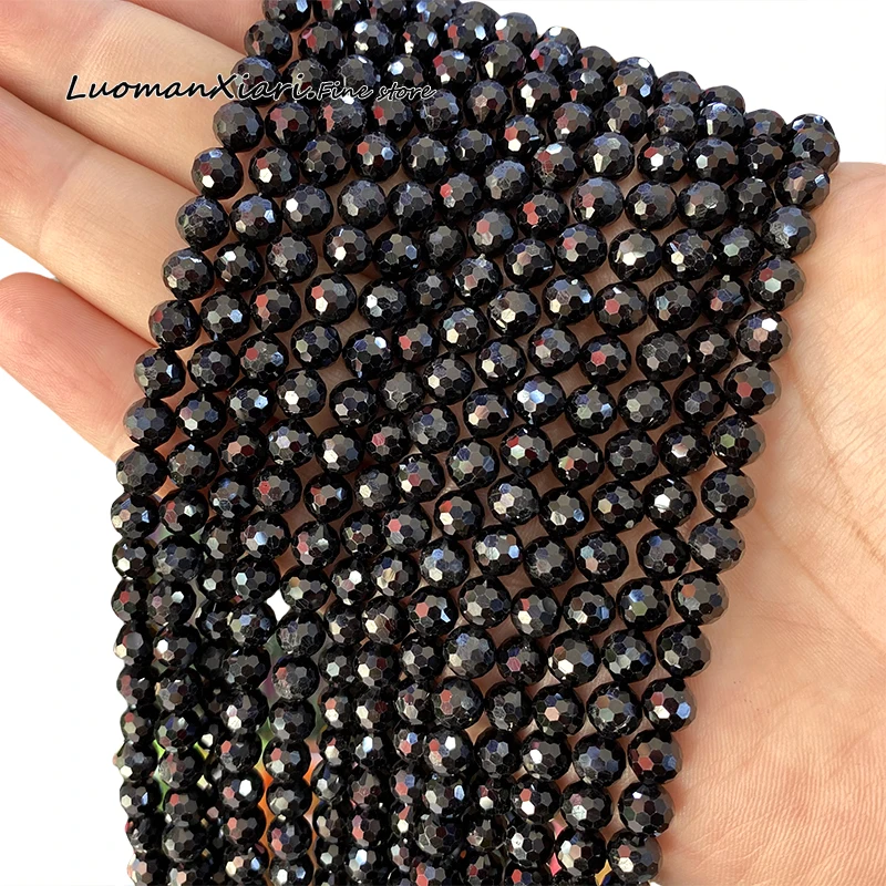 6MM Faceted Black Tourmaline Natural Stone Loose Round Spacer Beads for Jewelry Making Diy Earrings Bracelets Charms Accessories