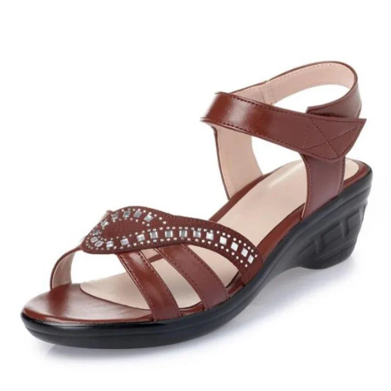 MVVJKE   Newest Fashion Summer Female Sandals Rhinestone Wedges Sandals Comfort Genuine Leather Shoes