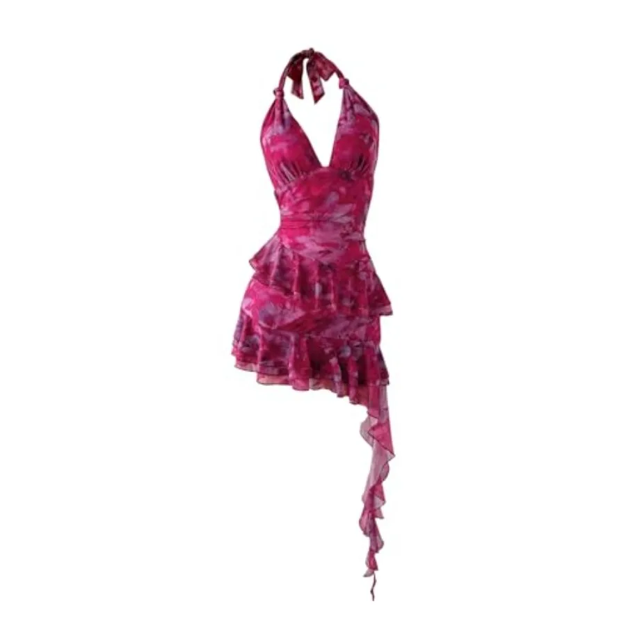 

Verdusa Women's Y2k Halter Mini Dress Mesh Sexy Floral Ruffle Backless Wedding Guest Summer Dresses