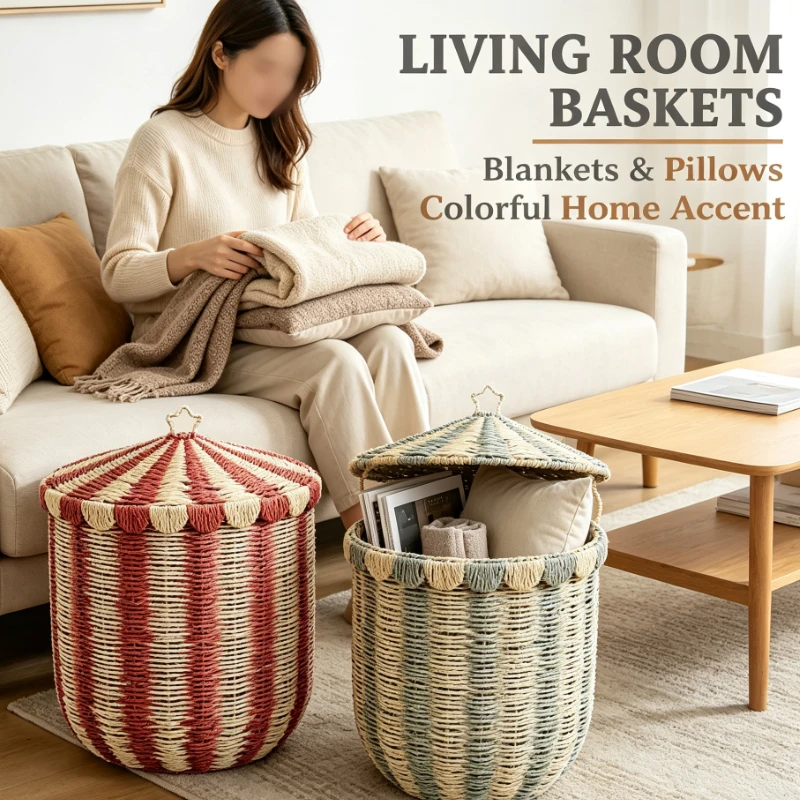 Woven Paper Rope Storage Basket With Striped Pattern And Tassel Lid For Living Room And Bedroom Decorative Organization
