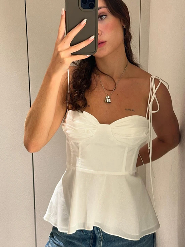 

Casual Lace Up Women's Vest Chic Pleated V-neck Backless Sleeveless Female Tank Slim Bra Lady Blouses Y2k Women's Tops Camisole