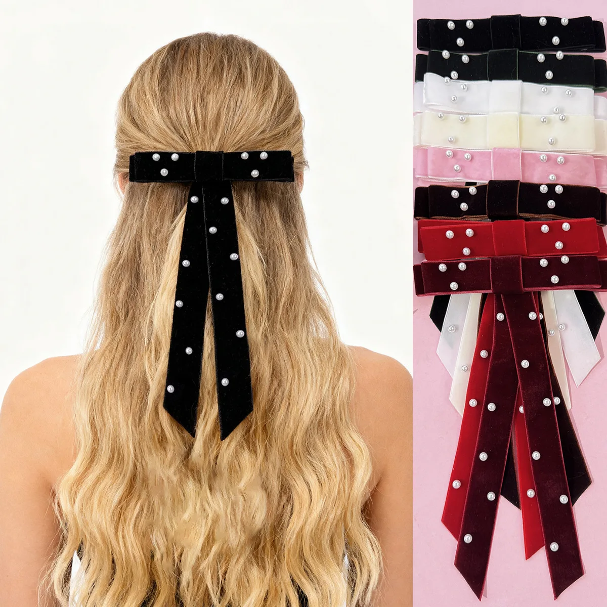 36pc-solid-velvet-bow-hair-clips-6-inch-long-tassel-hairpins-for-women-girls-pearl-barrette-headwear-bulk-pack