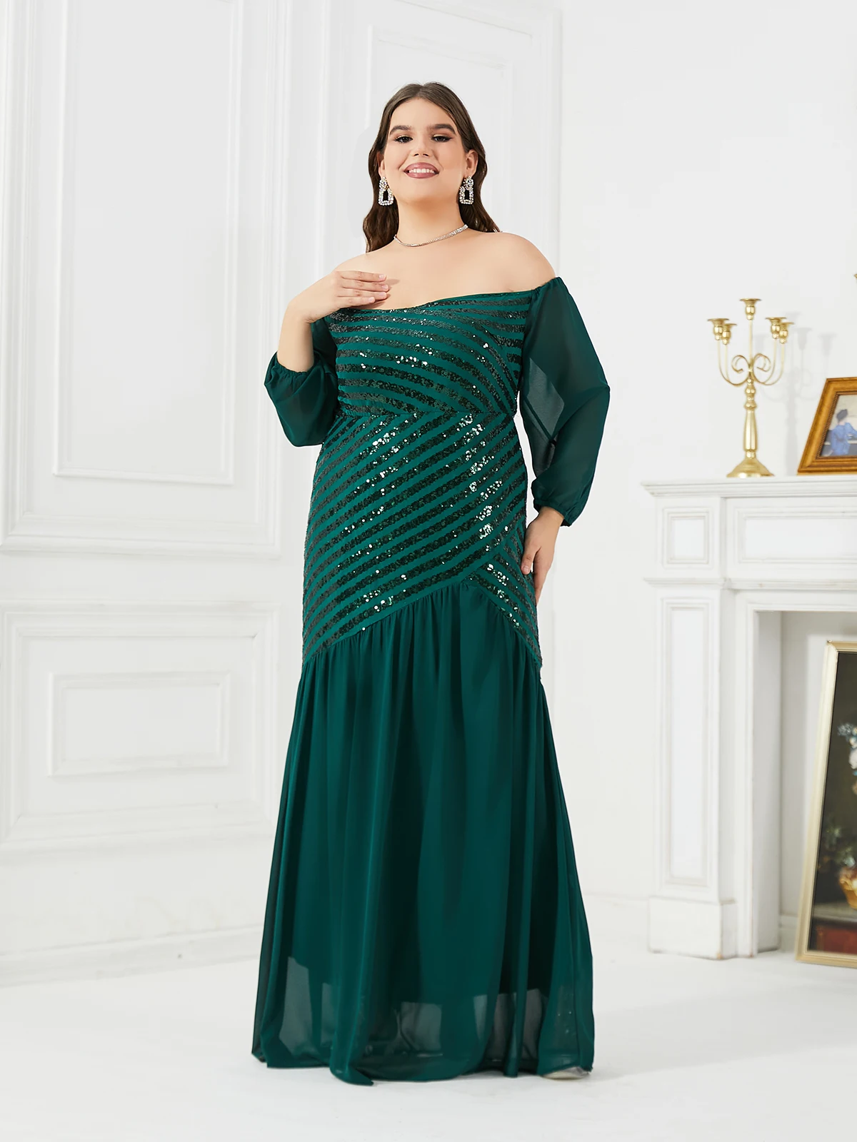 Women Plus Size Evening Dresses Strapless Sequins Splicing Party Dresses 2023 New Sexy Green Wedding Dress Large Size Female