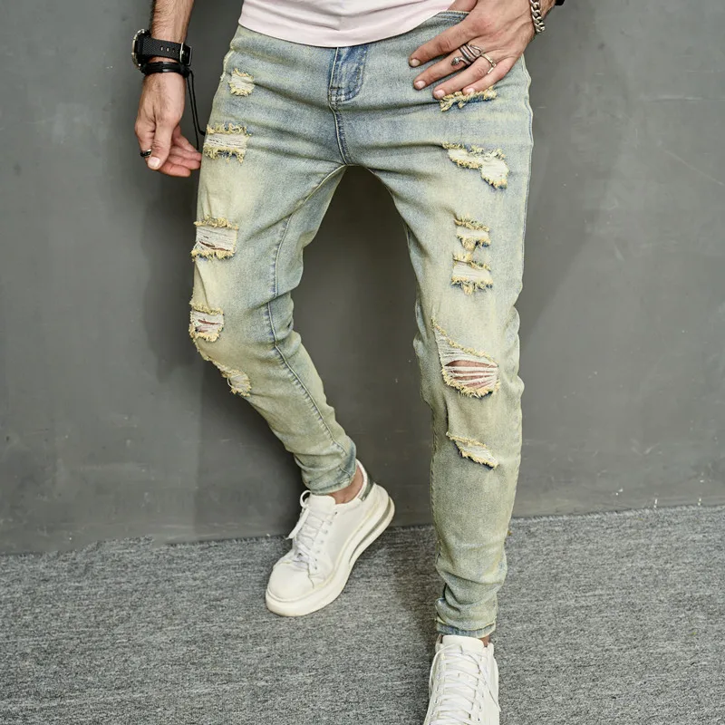 Spring Men Vintage Ripped Skinny Pencil Jeans Pants Hip Hop Stylish Holes Male High Street Slim Casual Denim Trousers