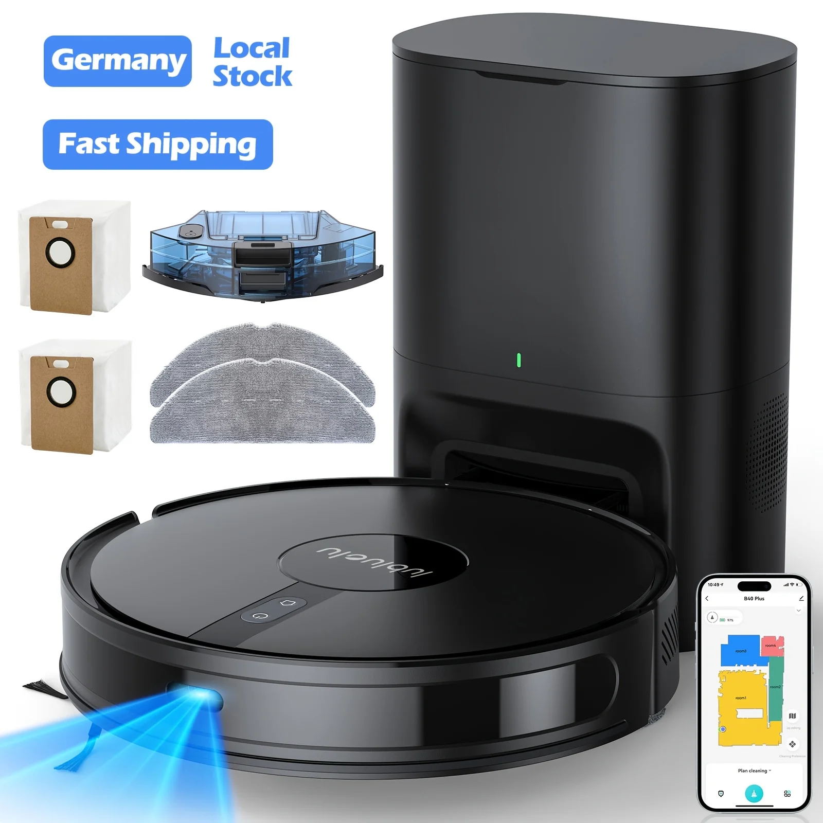 Lubluelu B40 Plus Saug- und Wischroboter 5800Pa Saugkraft Selbstentleerend 3-in-1-Reinigungslösung für Tierhaare, Teppiche und Hartböden mit Selbstaufladefunktion