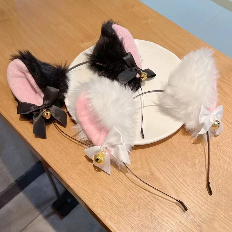 1/2 pièces bandeau oreilles de chat en peluche avec clochettes-accessoire de cosplay doux et en fourrure pour Halloween, fêtes d'anime et séance photo.