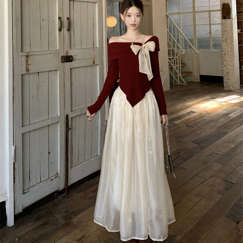 

Women's Spring Autumn Graceful Off-Shoulder Bowknot Sweatshirt Mesh Skirts Two Piece Suits French Vintage Slim Tops Skirt Sets