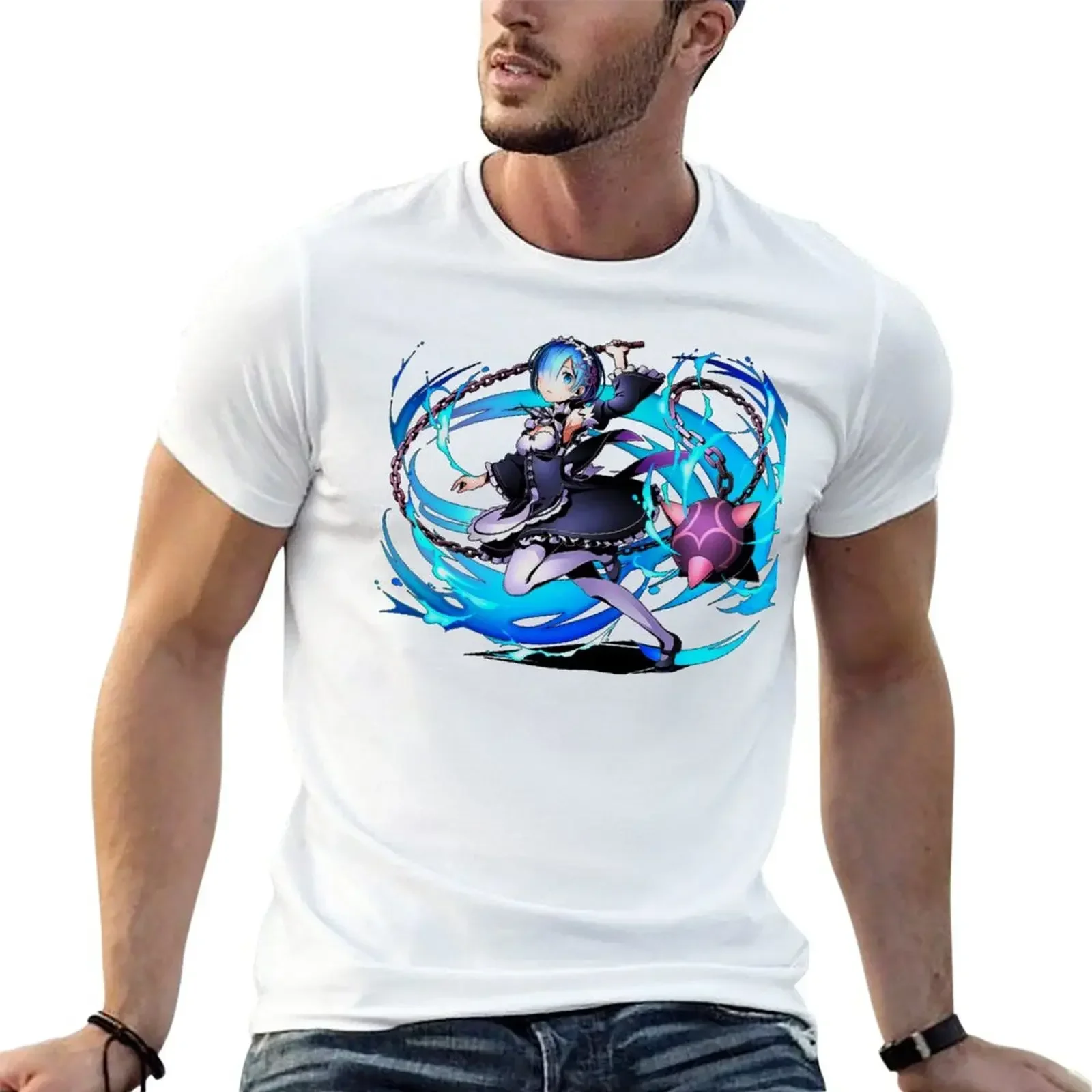 ReZero Rem Anime Girl T-Shirt funnys customs design your own mens graphic t-shirts anime heavyweight fashion Round Neck Informal