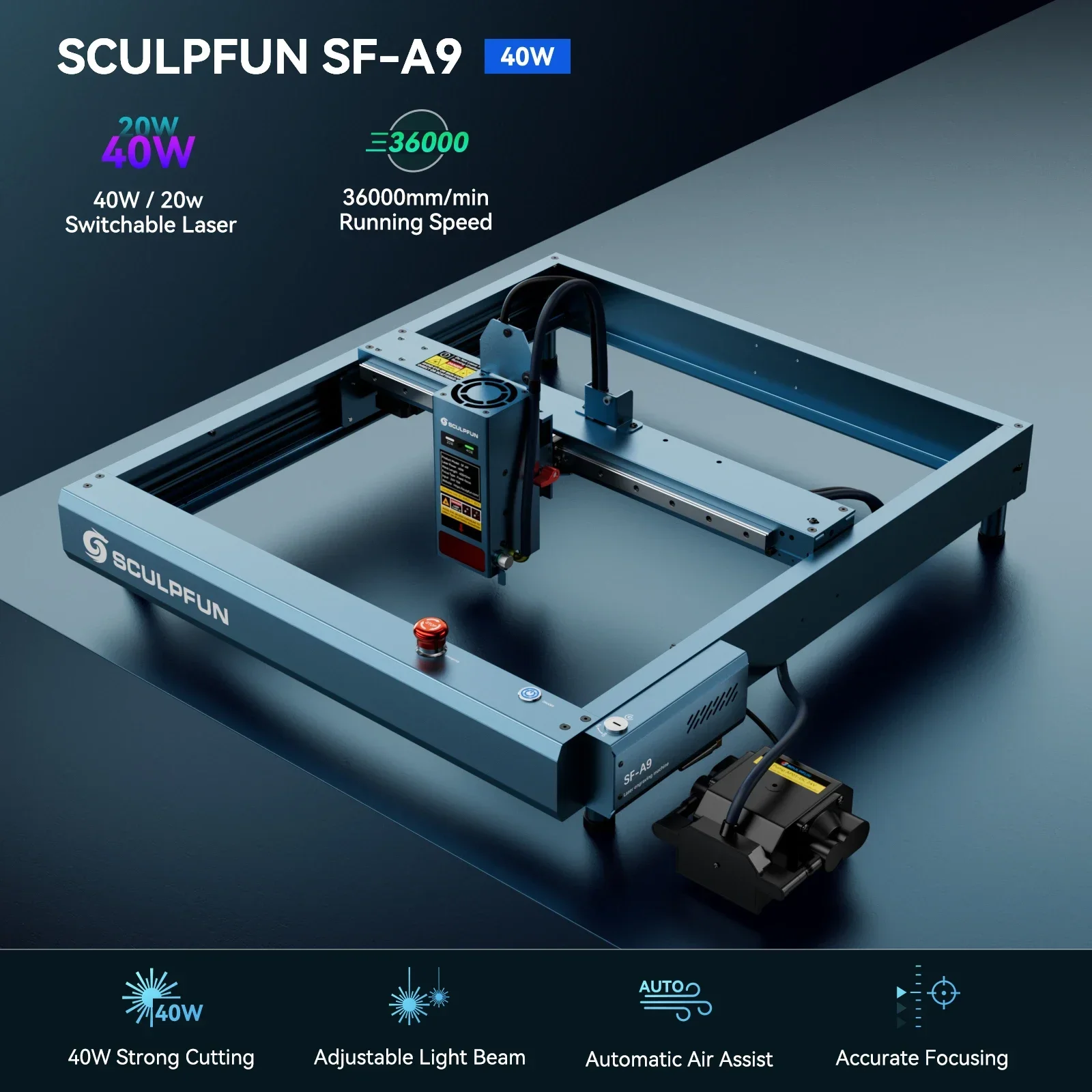 Sculpfun SF-A9 40W  Engraver Cutting hine Precise Focusing Design Multiple Connection Methods 400x400mm Working Area