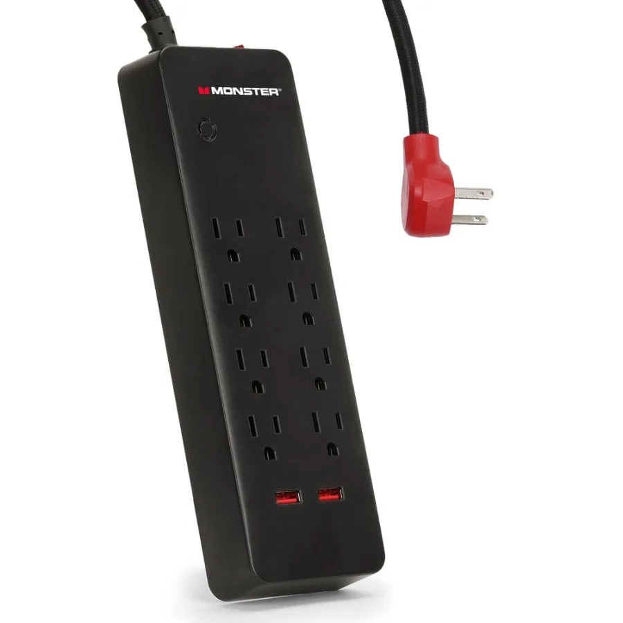 

Устройство защиты от перенапряжения 2000J с 8 заземленными розетками и 2 USB-портами, оснащенное прочным 6-футовым удлинителем в нейлоновой оплетке для надежности.