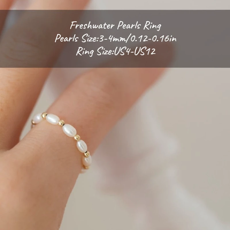 MYSOYA خاتم لؤلؤ المياه العذبة على شكل أرز أبيض 3-4 مللي متر مع صندوق هدايا عيد ميلاد/زفاف/عيد الميلاد/هدية السنة الجديدة لها/له