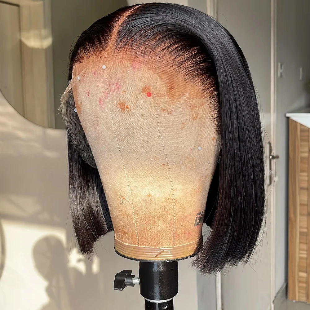 250% pré-coupé os droit court Bob sans colle perruques 100 cheveux humains dentelle avant perruque prêt à porter 13x6 dentelle frontale perruques pré-plumées