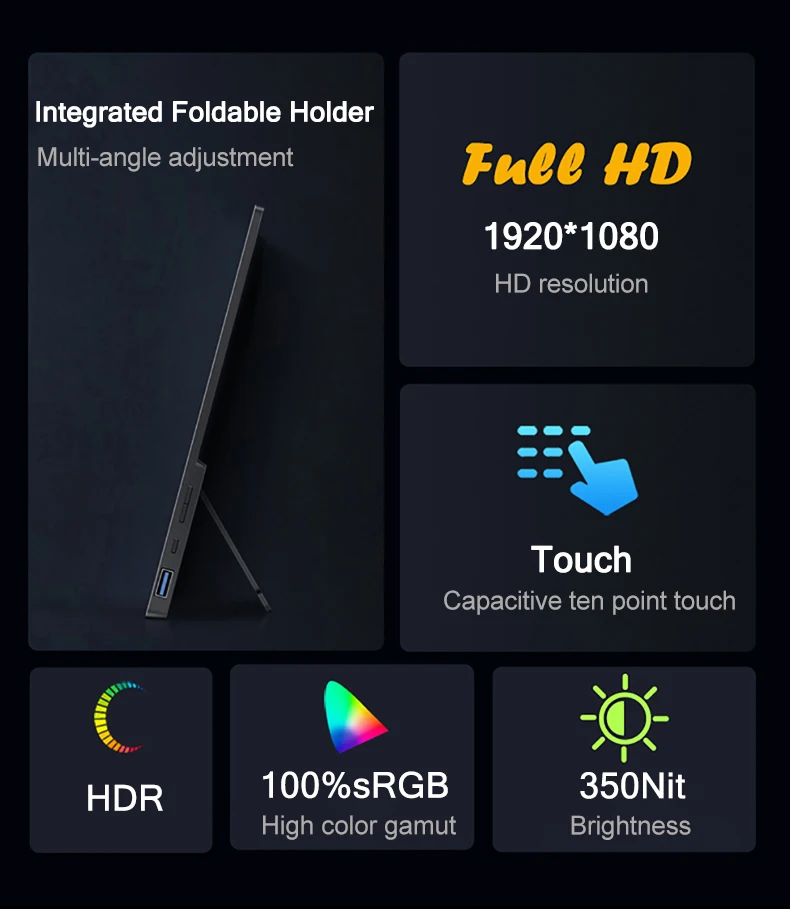 15,6 Zoll 1080p FHD tragbarer Monitor mit Touchscreen, zwei Lautsprechern, HDR IPS 100%sRGB Gaming-Display für Laptop, Xbox, PS4/5, Switch – Detail 6