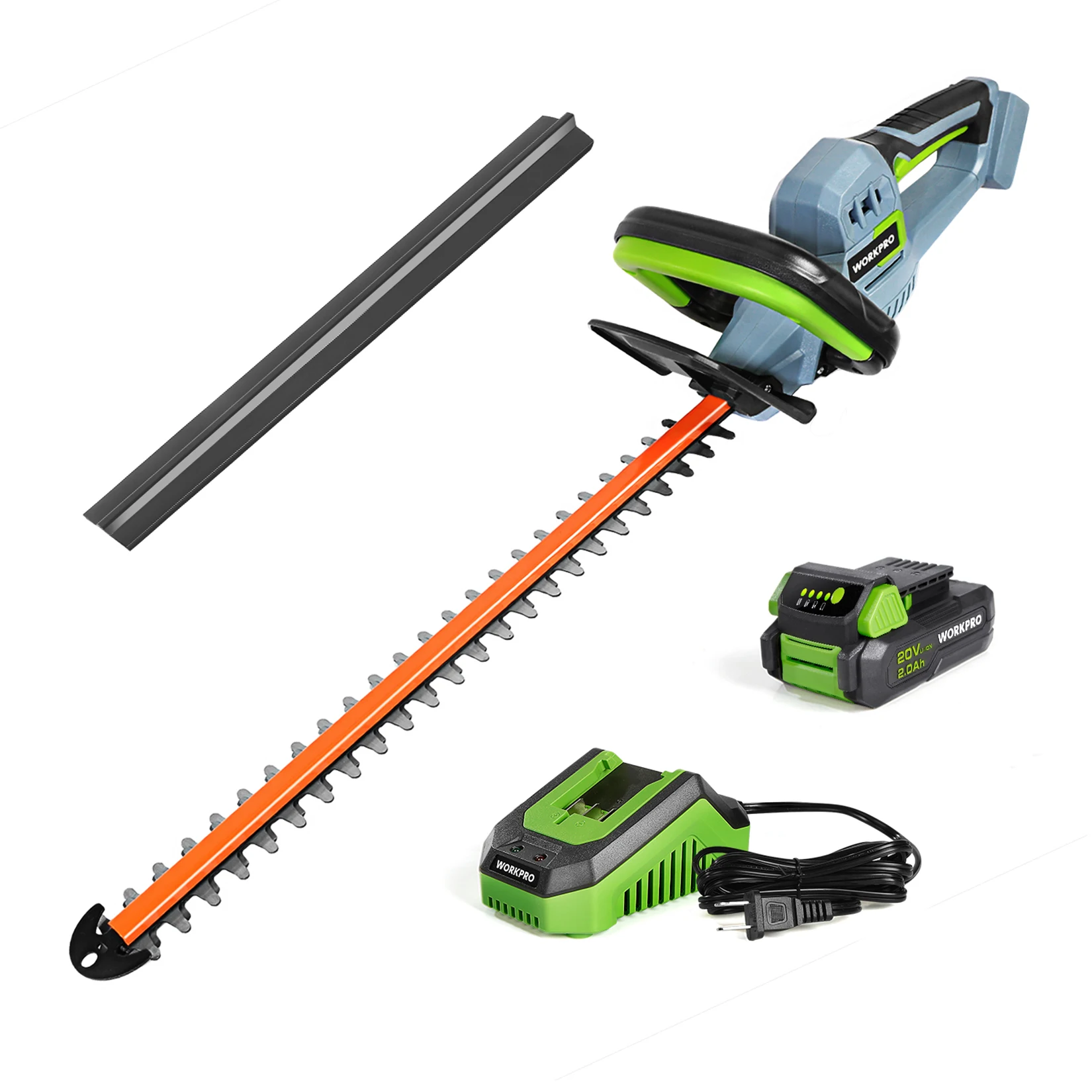 

WORKPRO 20V Cordless Hedge Trimmer 20" Dual Action Blades Electric Gardening Trimmer 2.0Ah Battery 1 Hour Quick Charger Include