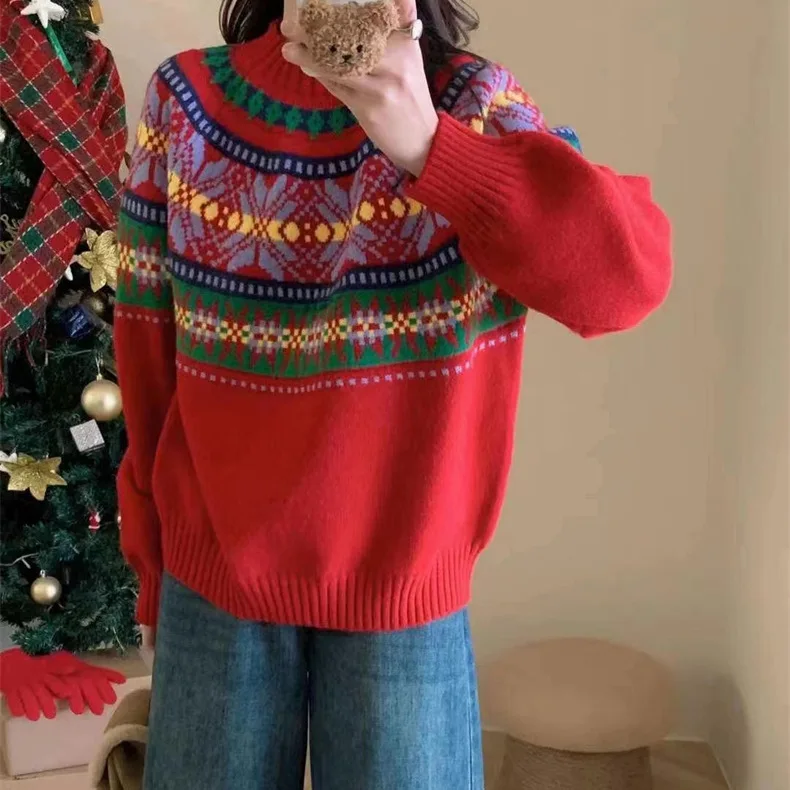 

Autumn Winter Loose Casual Patchwork Sweater Round Neck Pullover Knitting Bottoming Top Women Fashion All-match Jumpers CQ387