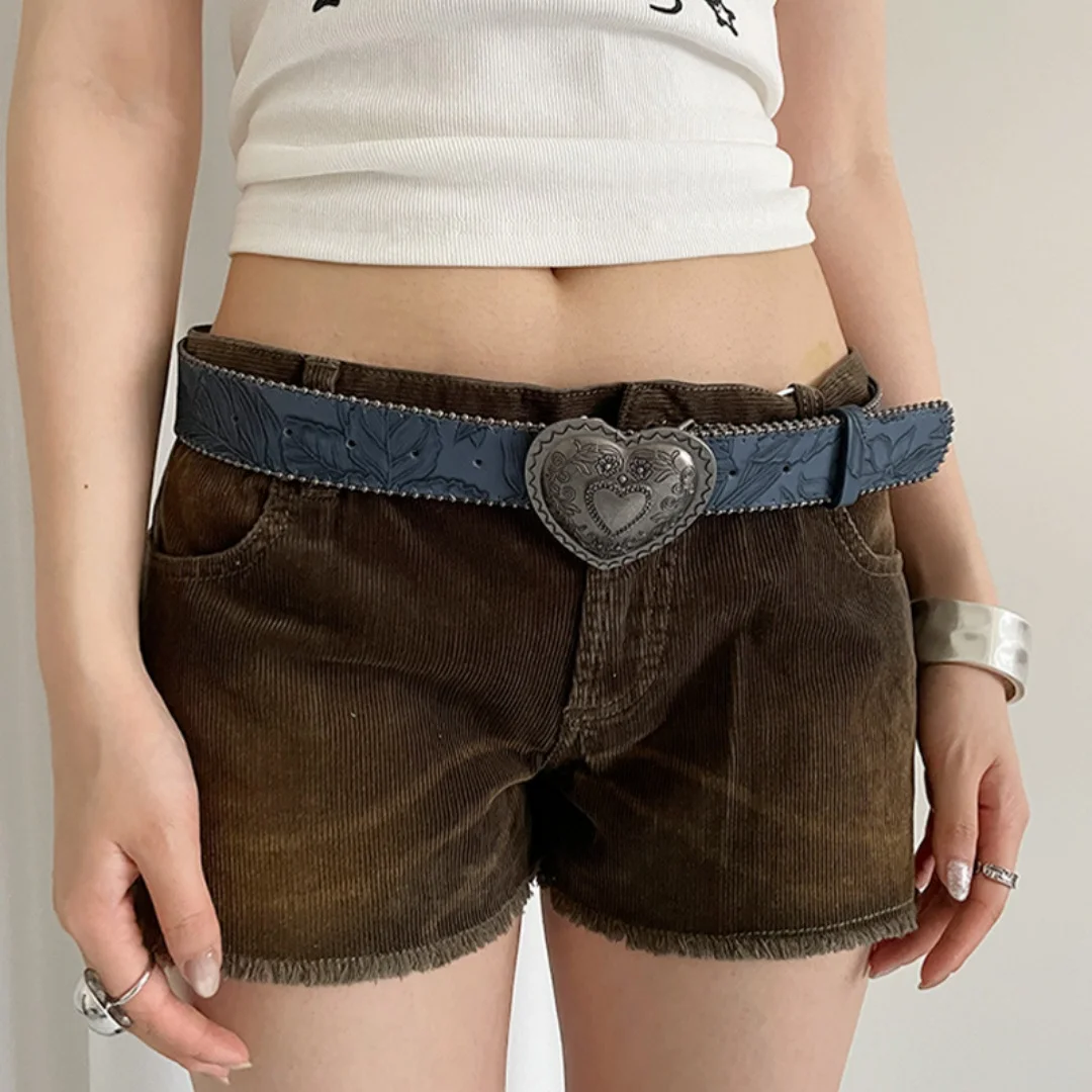 Retro American Style Belt For Women Heart Button Belt Unique High-End PU Leather Belt For Jeans Versatile Decoration Accessories