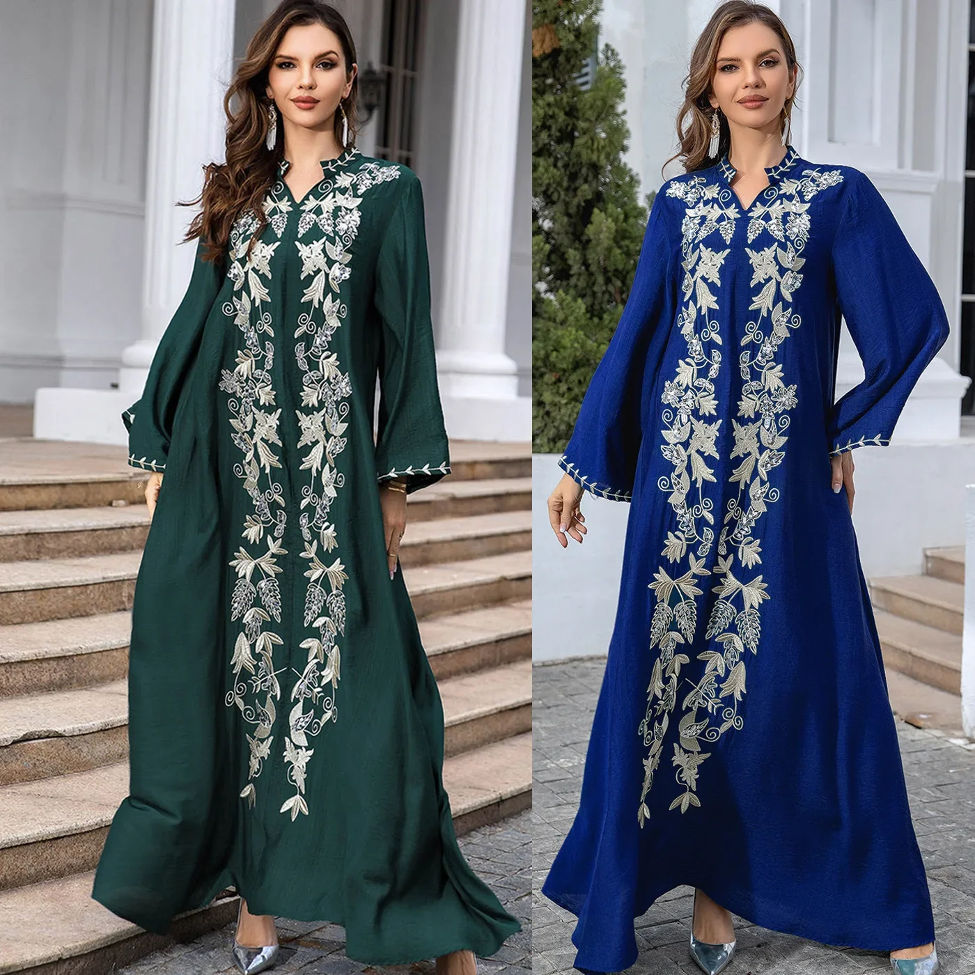 High Quality Islam Muslim Ethnic Embroidery Long Sleeves Loose Abayas Eid Dubai Arabia Turkey O-Neck Women Elegance Evening Robe