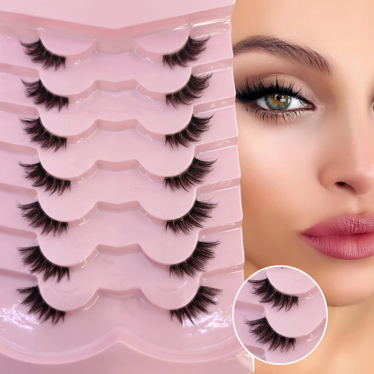 7 doppelte halbe Wimpern, natürliche 3D-Katzenaugen-Wimpern, handgefertigt, transparenter Terrier-Fuchs, halbe Wimpern, verlängertes Make-up, falsche Wimpern