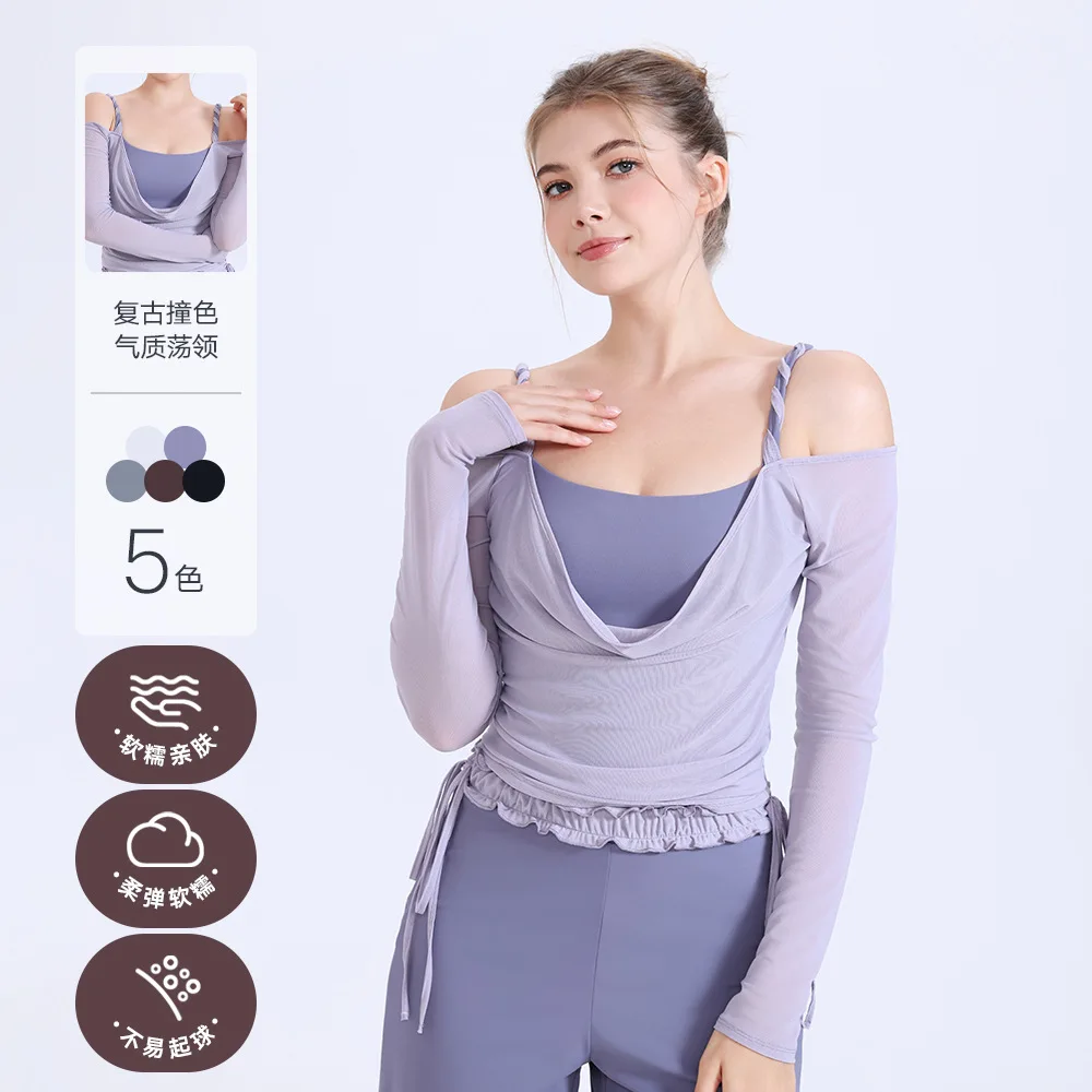 Off-Shoulder Long-Sleeved Mesh Sports Bra Quick-Drying One-Piece Cup Fitness Suit Top for Running