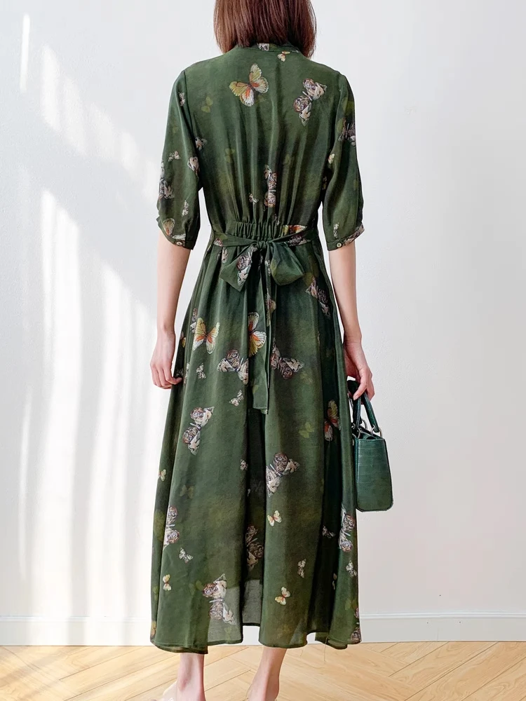 SuyaDream,Women Maxi Dresses100%Silk Crepe V Neck Side Vent Elegant Butterfly Prints Long Dress 2024 Spring Summer Green Clothes