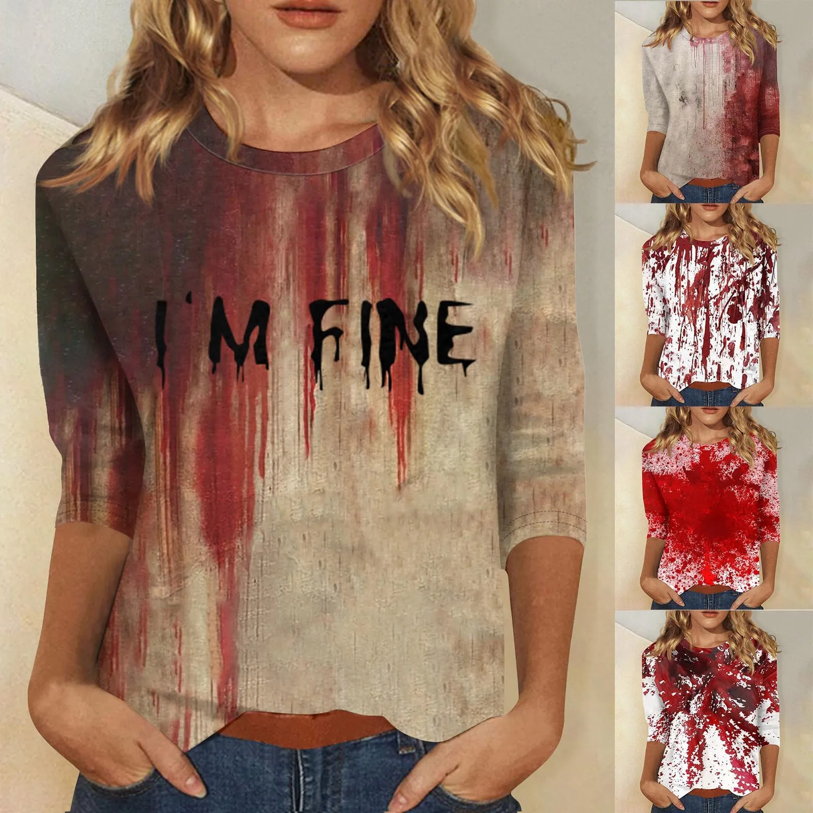 Traf 2024 Mujer I'M Fine Bloody Shirt I'M Fine Blood Splatter Top Halloween Bloody Top Women'S Ropa Para Mujer Camiseta Mujer