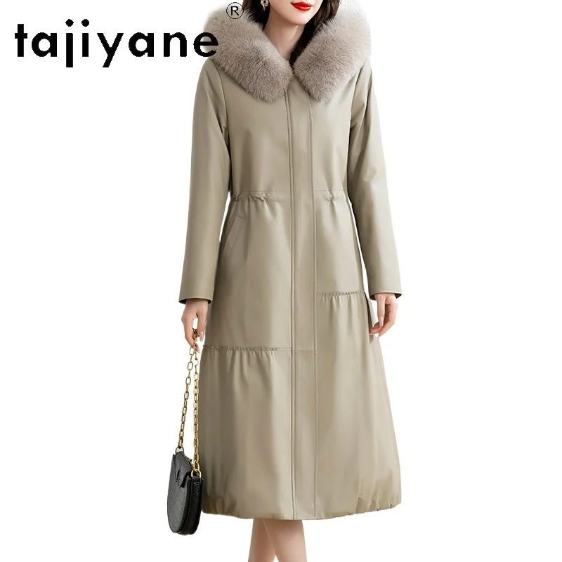 معطف نسائي من جلد الغنم من TAJIYANE مع قلنسوة ضيق طويل من الجلد الطبيعي معاطف بياقة من فرو الثعلب 2025 ملابس نسائية شتوية #1