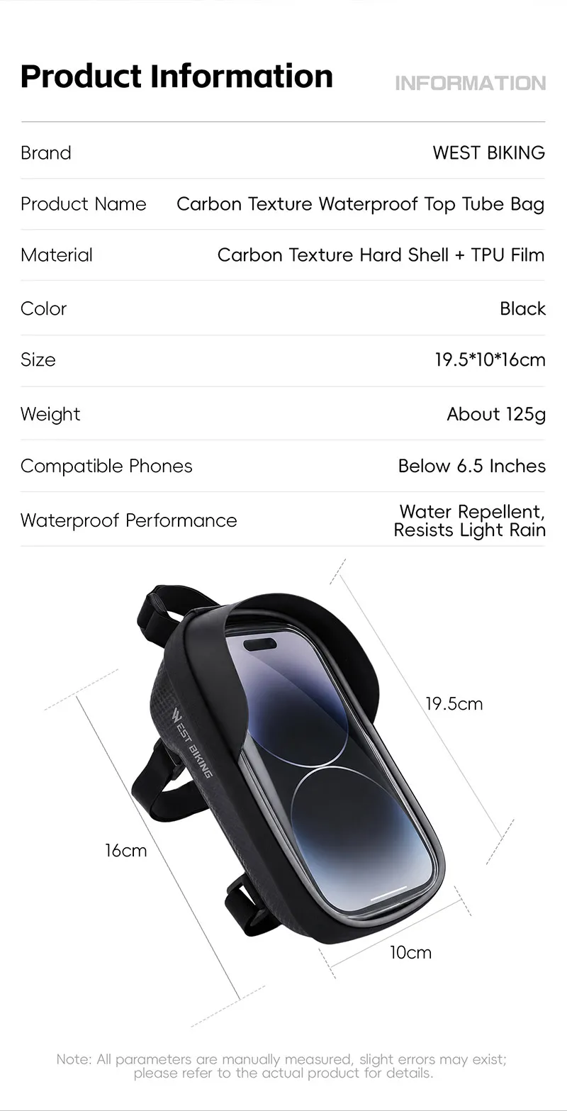 WEST BIKING Touchscreen-Fahrradtasche für Handys, wasserdichte Hartschalen-Oberrohrtasche für Straßen- und Mountainbikes mit dreifach stabilem Haken – Detail 2