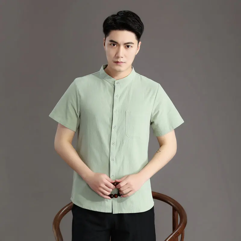 Men Relax Cotton Shirts Blue Green White Beige Mandarin Collar Short Sleeve Tops Tea Ceremony Costumes Male Buddhist Mood Wear