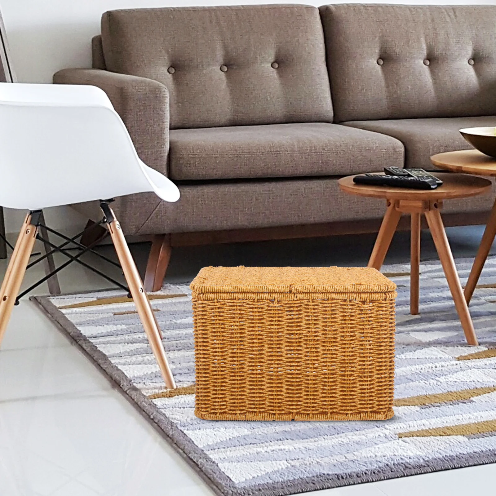 

Imitation Rattan Woven Basket Lid Multipurpose Household Sundries Storage Container Practical Storage Box