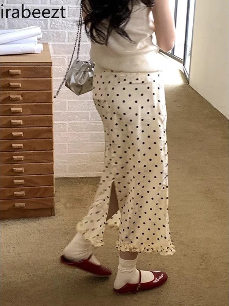 Fashion Vintage Fishtail High Waist Skirt Women 2024 Summer New Apricot Polka Dot Body Package Hip Slimming MIDI Skirt
