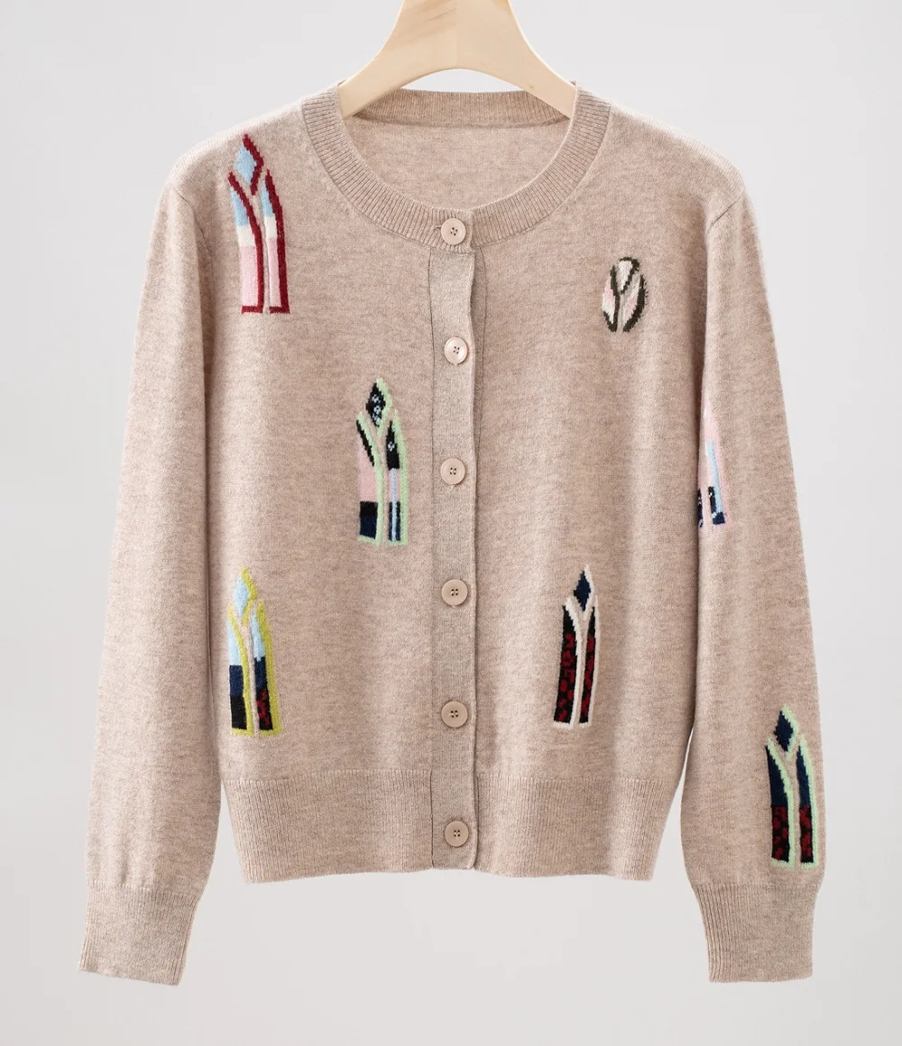 Top Qualität Neue Wolle Kaschmir Gestrickte Mäntel 2025, Herbst Winter Strickwaren Frauen Farbe Block Stickerei Vintage Khaki Schwarz Mäntel