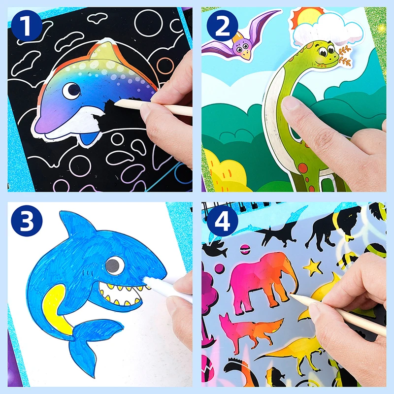 Ensemble de jeu d'art à gratter pour enfants, livre de coloriage, pochoirs de dessin, autocollant, jouet artisanal créatif, jouet éducatif pour activités de la maternelle, cadeau