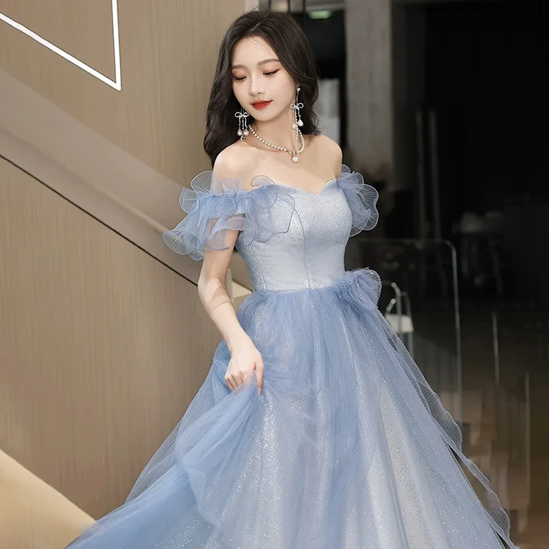 French evening Gowns for Women Blue Long Dress Wedding Banquet Gown Graduation Dresses Temperament Ladies Prom Evening Dresses