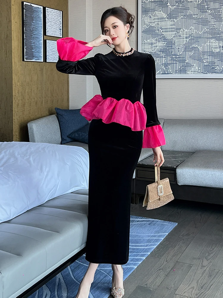 Femmes vêtements faux 2 pièces noir col rond à volants mince longue Robe élégante dame mode fête bal robes Robe Occasion formelle nouveau