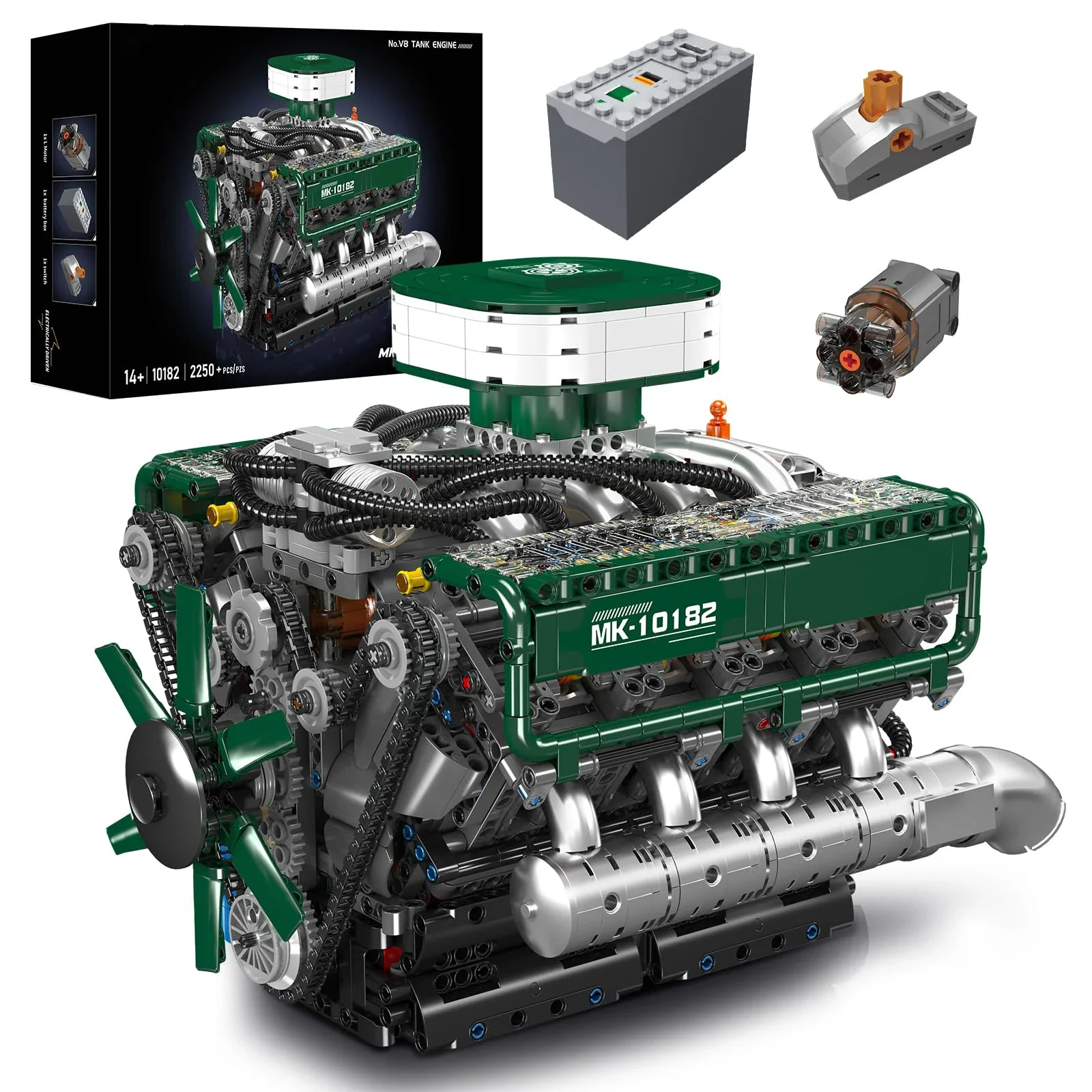 Modelo de motor de tanque Mould King 10182 V8, kit de construcción motorizado con accionamiento eléctrico para réplica de coches de carreras y aprendizaje STEM