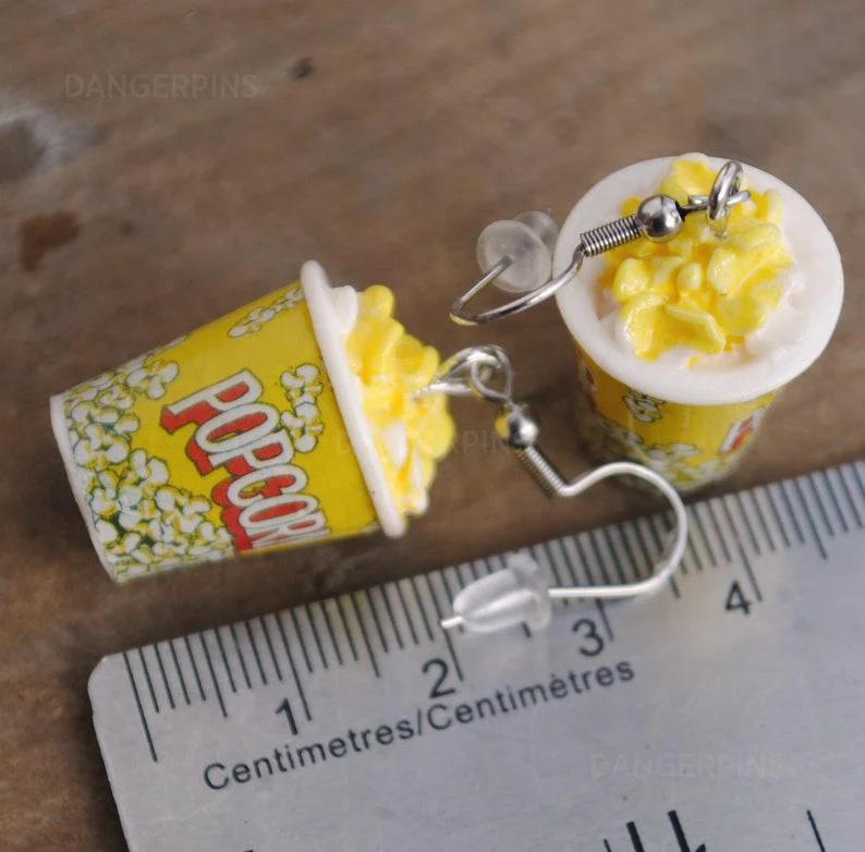 Popcorn Earrings, Food Dangle Earrings - Cute Kawaii