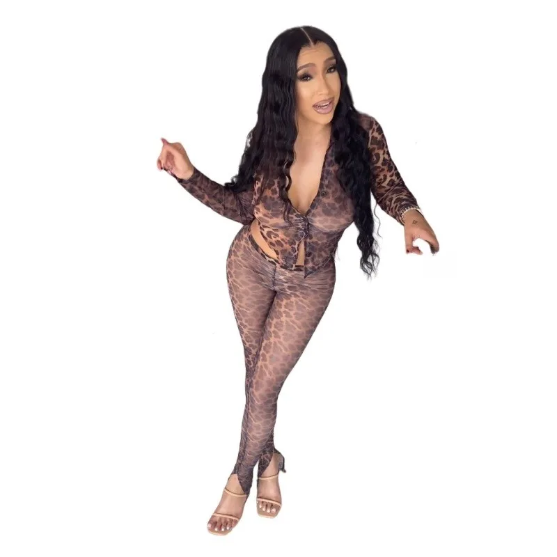 

Leopard Print Mesh 2 Piece Set Women Sexy Long Sleeve Single Breasted Lace Up Shirts Tops + Skinny Pants Stretch Clubwear Suits