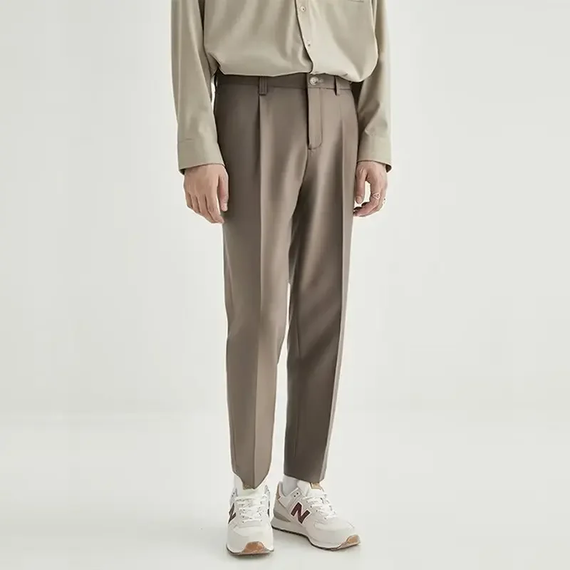 Pring Summer Fashion Men's Solid Color Casual Business Trendy Daily Loose Straight Calf Length Suit Trousers Male Pants Clothes