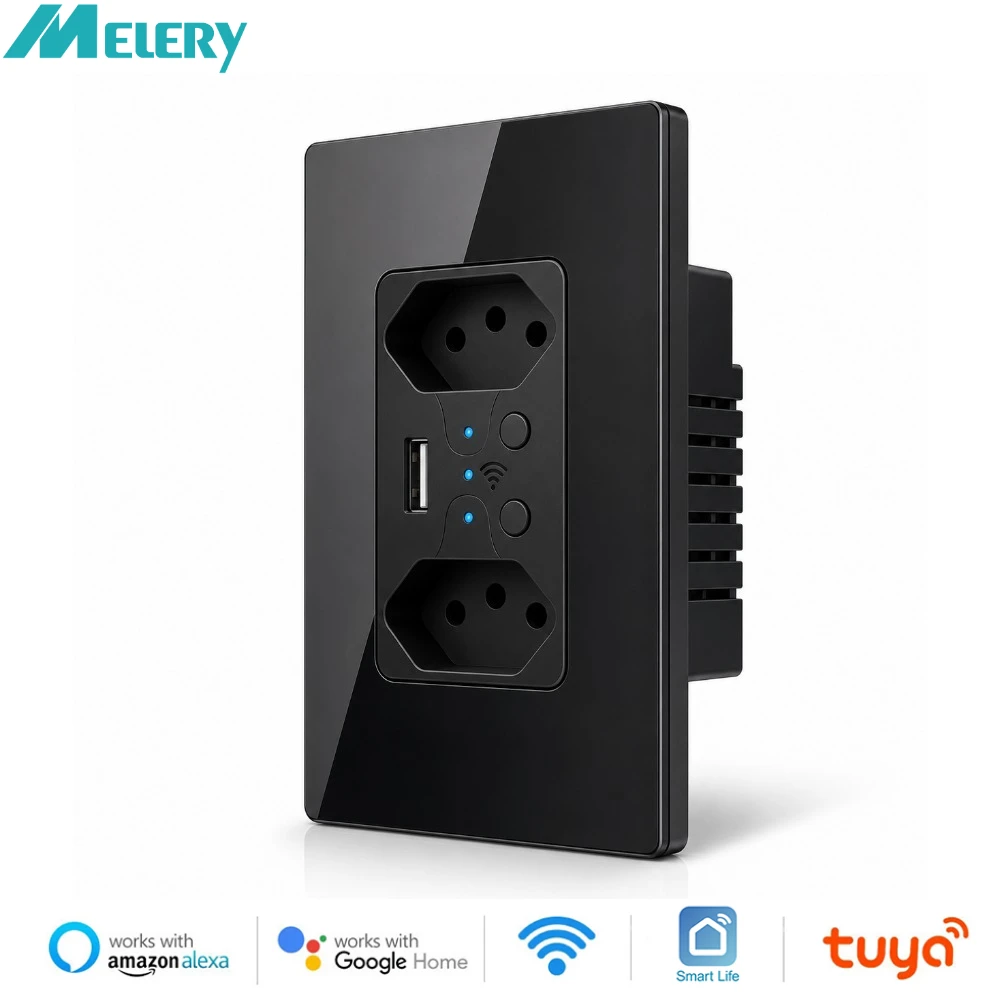Melery Brazil WiFi Smart Life Dual Wall Socket Tuya Electrical Plug 10A Outlet PC/Glass Touch Panel Alexa Google Home Assistant