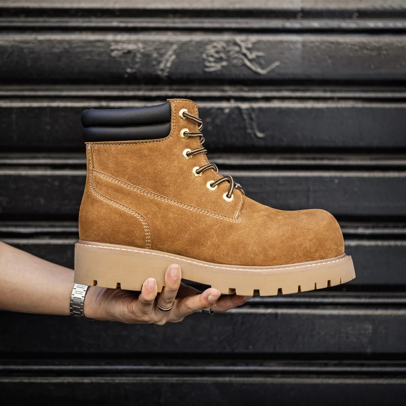 MRA Branded High-Top Derby Shoes for Men 2026 New High-Quality Retro Yellow Boots with Thick Soles and Large Toe, Suede Work Boo
