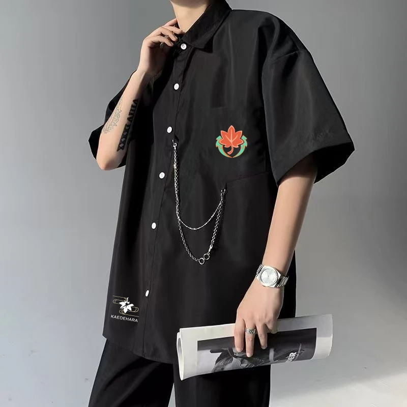 Juego 2025 Anime Gs Impact Cos Kaedehara Kazuha Unisex Simple y Casual negro camisa de manga corta accesorios disfraz Prezzie