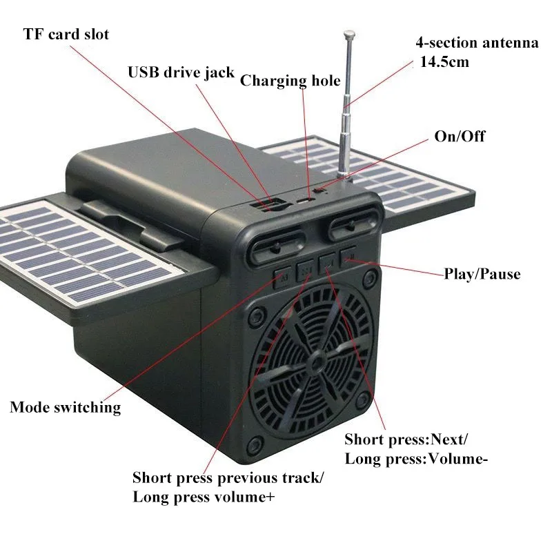 Portable FM Radio Solar Emergency Radio Receiver Built-in Speaker Mini Bluetooth Soundbar Support TF Card U Disk 18650 Battery